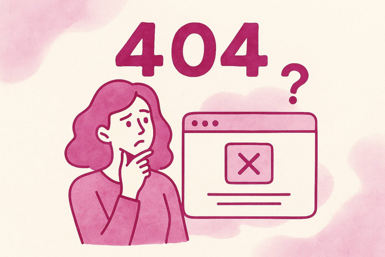 Eine Frau mit fragendem Blick vor einem PC-Fenster, darüber die Zahl "404"