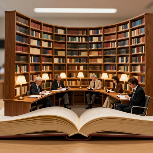 Ein aufgeschlagenes Buch, aus dem sich eine Bibliothek und eine Gruppe lesender weißer Männer erhebt.