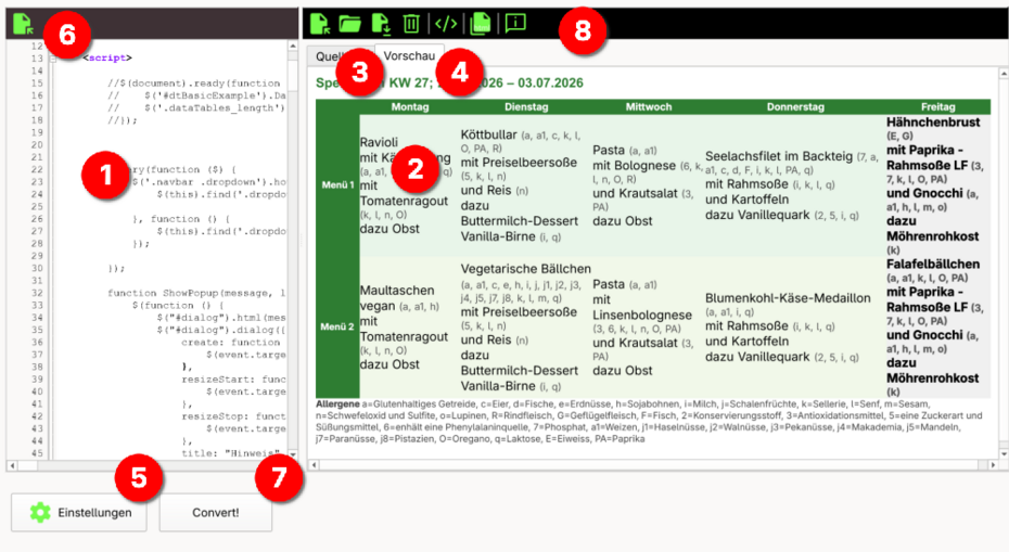 Screenshot des Programms "eaHTML" mit numerierten Markierungen