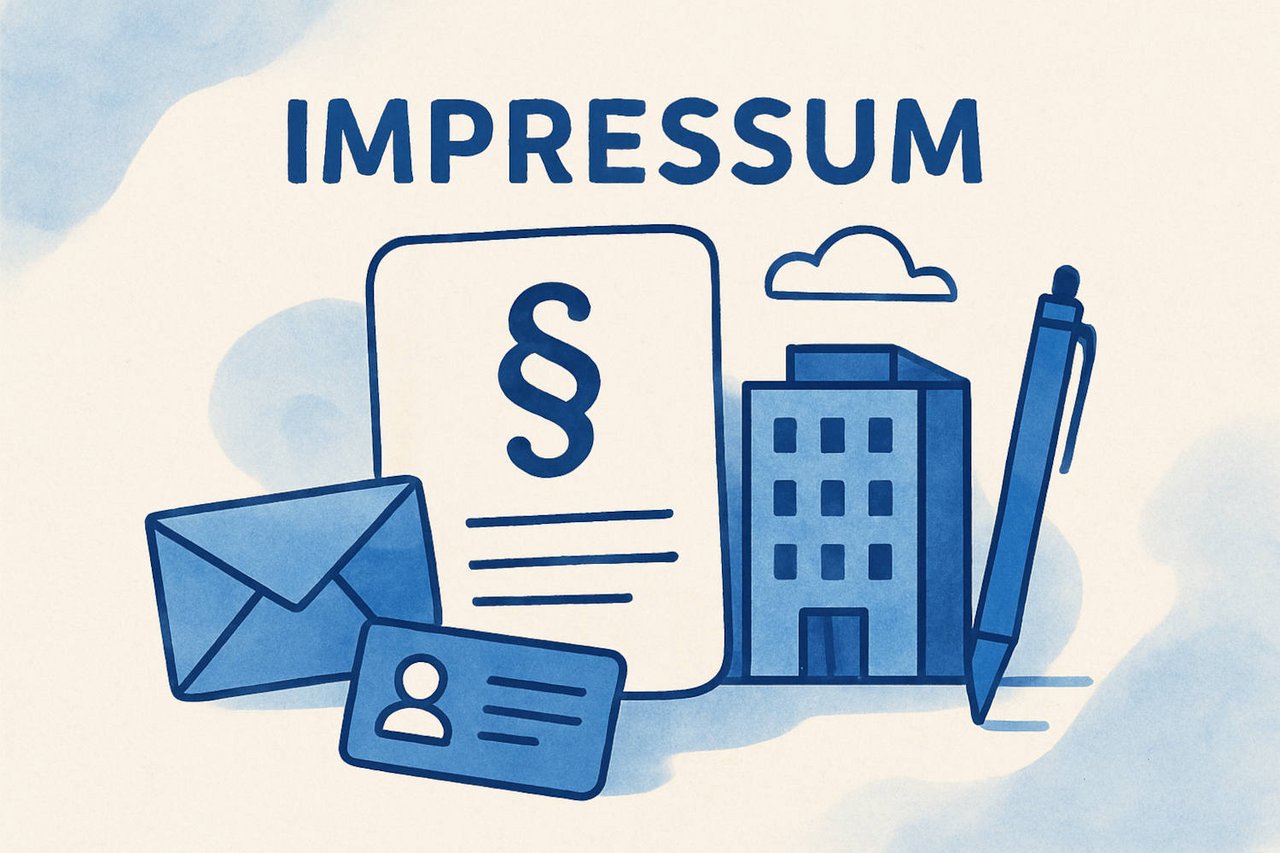 Schriftzug "Impressum" über symbolisch dargestellten Umschlag, ID-Karte, Paragraphenzeichen, Haus und Stift.